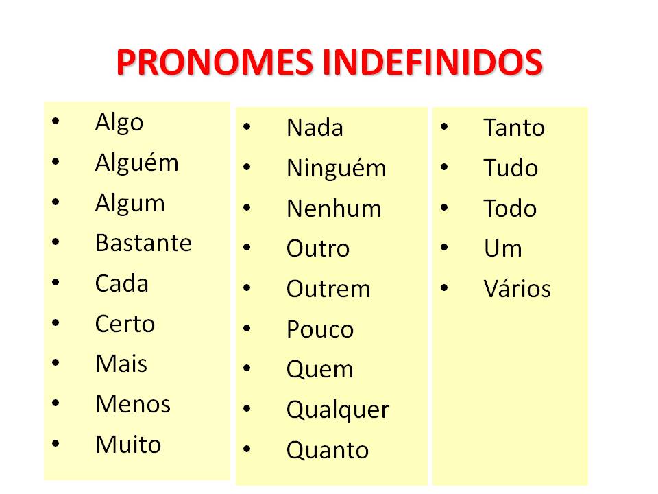 Pronomes indefinidos  Pronomes indefinidos, Pronomes, Pronomes